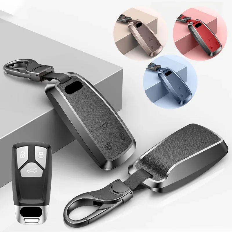 

Aluminum Alloy Leather Car Remote Smart Key Fob Case Cover Holder Bag With Keychain For Audi SQ5 Q5 Q7 TT S4 S5 A4 A5