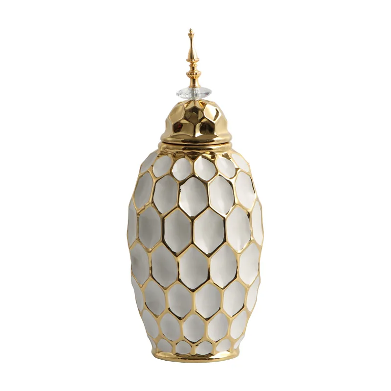 Ceramic Vase Porcelain Ginger Jar Gold Check Irregular Handicraft Storage Tank Flower Vase Home Decoration Accessories view 5