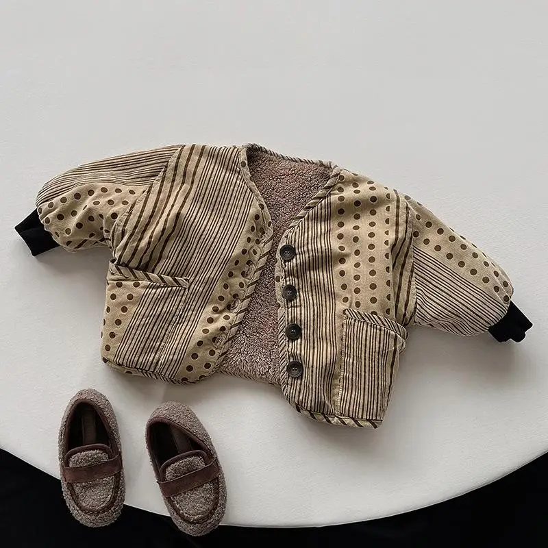 

Winter New Baby Long Sleeve Fleece Coat Toddler Girls Fashion Vintage Cardigan Jacket Kids Boys Plus Velvet Thick Warm Clothes