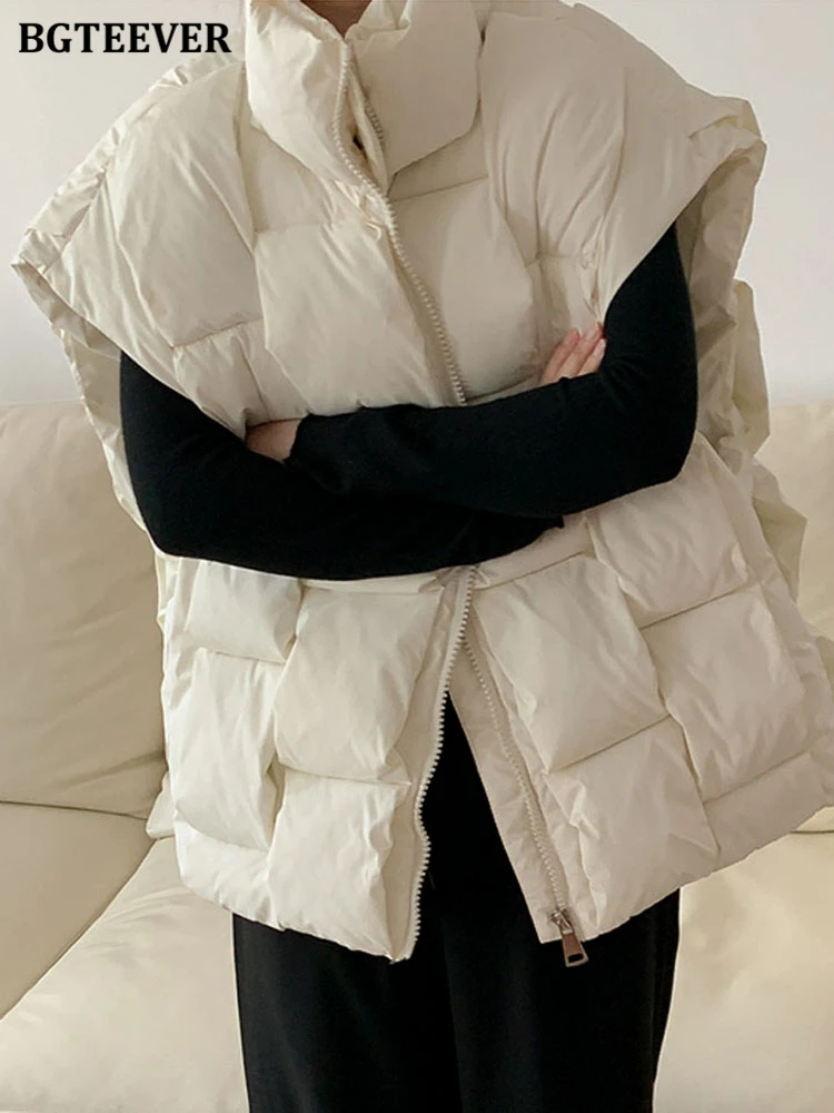 BGTEEVER Winter Sleeveless Cotton Padded Women Parkas Vests Casual Loose Zippers Female Down Jackets Plaid Ladies Warm Coat