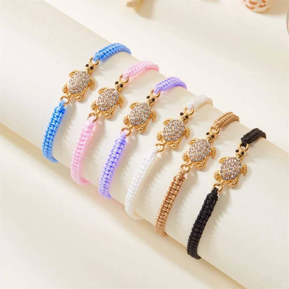 Fashion Rhinestone Gold Color Sea Turtle Bracelets For Women Multicolor Hand Knitting Rope Chains Bracelet Summer Jewelry Gifts