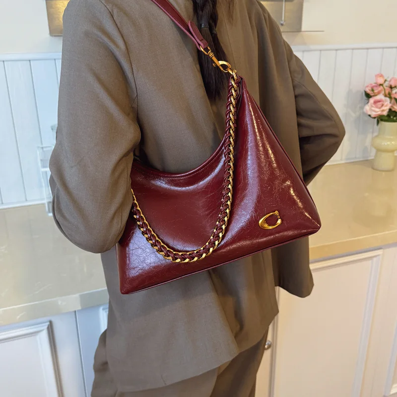Spacious Simple Stylish Chain Single Shoulder Underarm Bag Fall Winter New Style Vintage Unique Slant Bag for Work