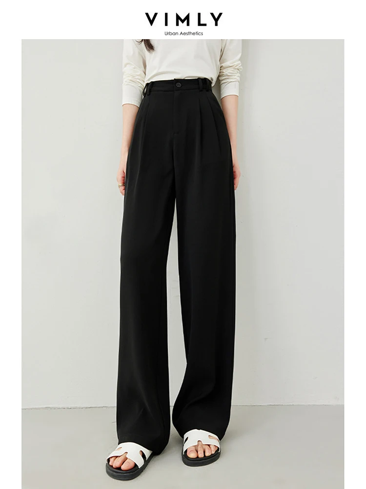 Vimly Black High Waist Wide Leg Suit Pant Full Length Straight Dress Pants 2024 Spring New Loose Casual Women's Trousers M5916 vimly women s vintage straight leg jeans 2023 autumn high street relaxed fit casual soft denim pants full length trousers 70713