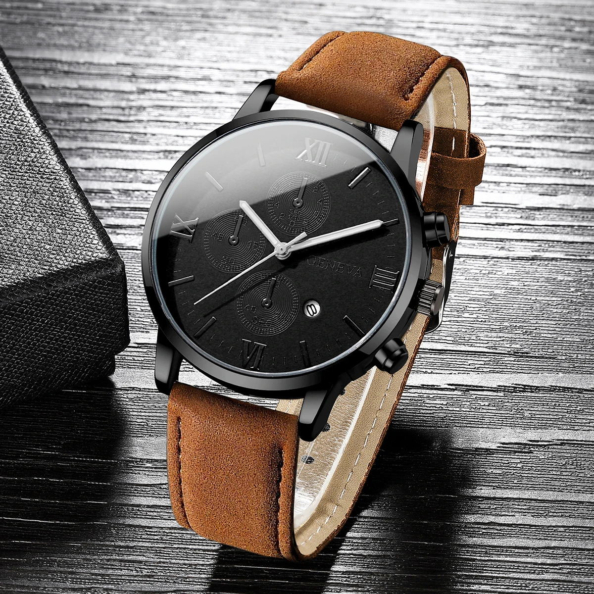 1PC Men's Casual Calendar Watch Men's Fashion Bussiness Temperament Leather Quartz Watch Unisex Watch Set (Box Not Included)