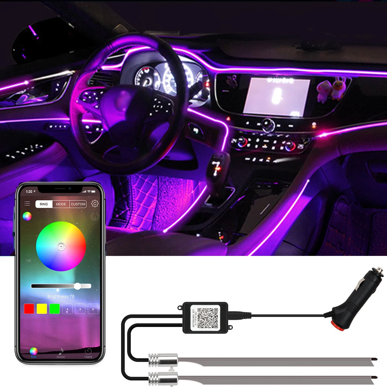 Car Interior Lights Decorative Ambient Lamp Phone Control 3m Neon Light  Strip