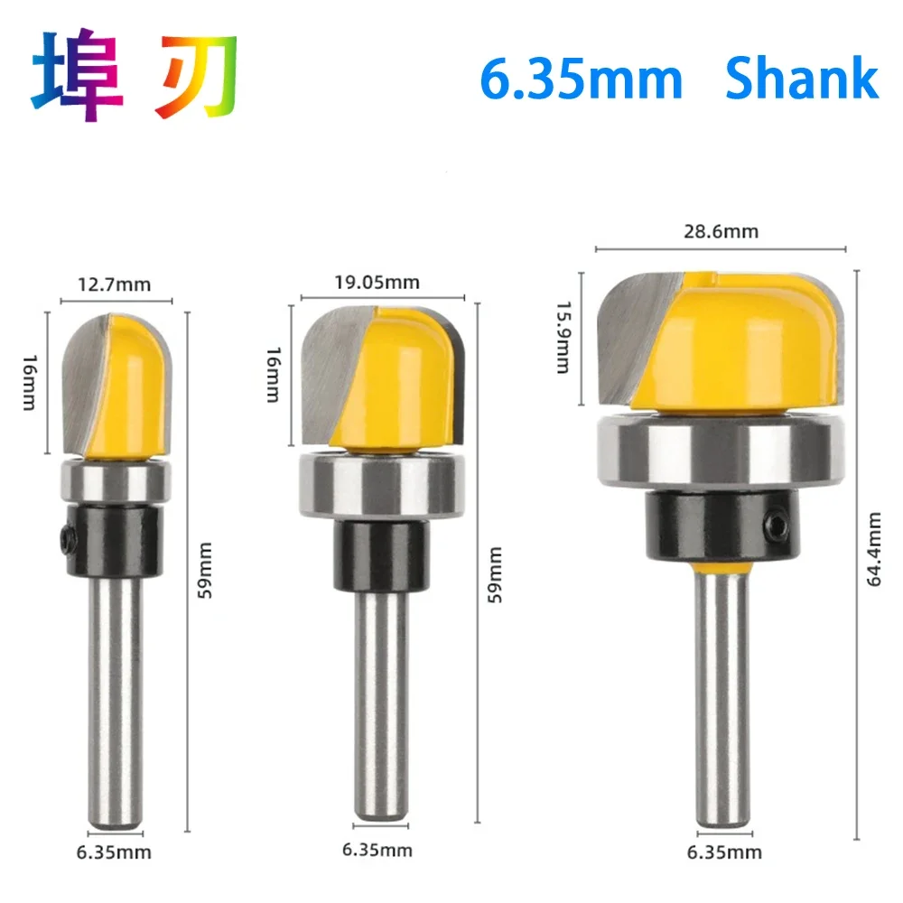 3Pcs 6mm 1/4 Shank1/2 3/4 1-1/8 직경 그릇 및 트레이 템플릿 라우터 비트 목재 절단 도구 목공 라우터 비트 LT008