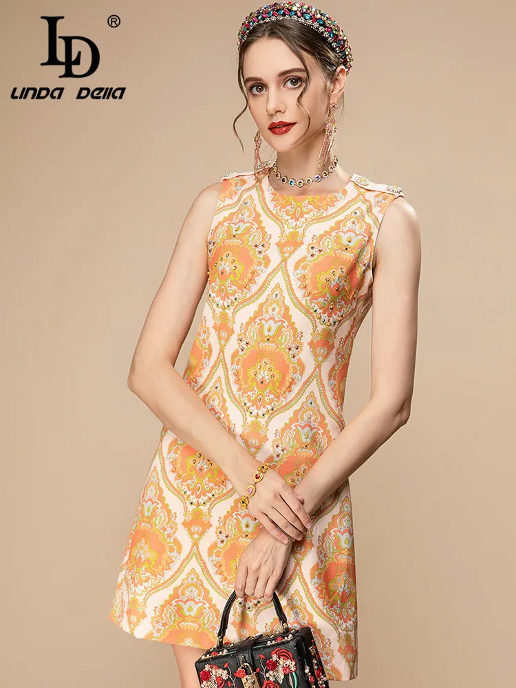 

LD LINDA DELLA Fashion Runway 2023 New Summer Mini Dress Women's Beading Print Loose Vintage Sleeveless Tank Short Dress