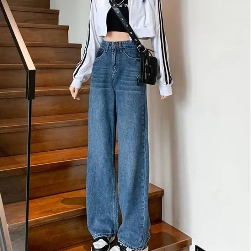 Natural Waist New Button Minimalist Trendy Women's Summer Jeans Ins Wash Long Pants Harajuku Wide Leg Pants Black