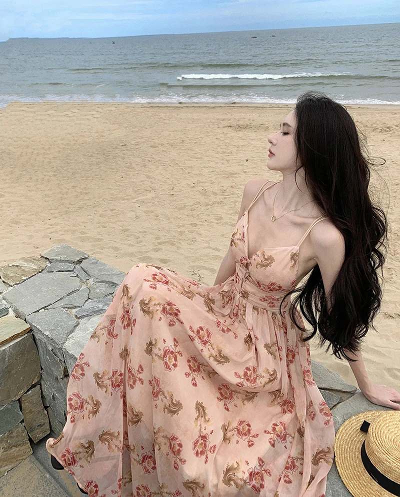 Summer New Spaghetti Strap Floral Long Dresses for Women Backless A-line Beach Style Korean Fashion Party Dress Casual Vestidos