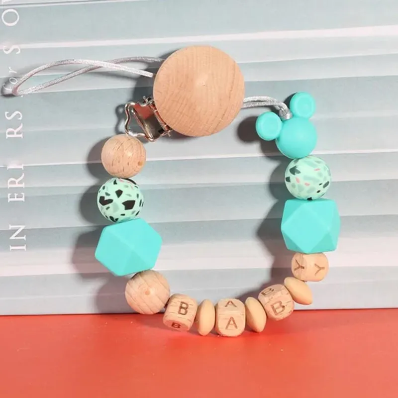 Baby Personalized Name Handmade Silicone Wooden Pacifiers Clip Teething Dummy Holder Anti-Lost Pacifier Chains BPA Free