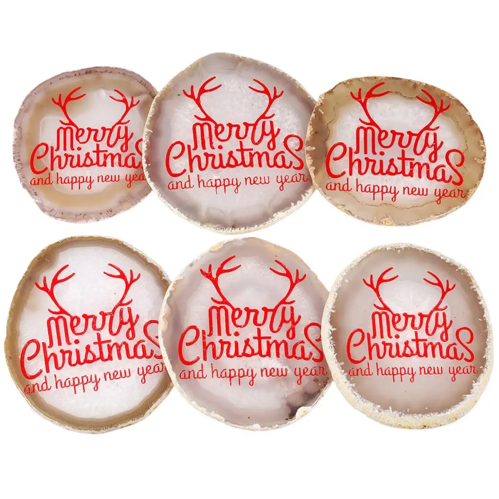 Natural Agate Slice Engraved Merry Christmas And Happy New Year Irregular Stone For Desktop Ornaments Home Decor