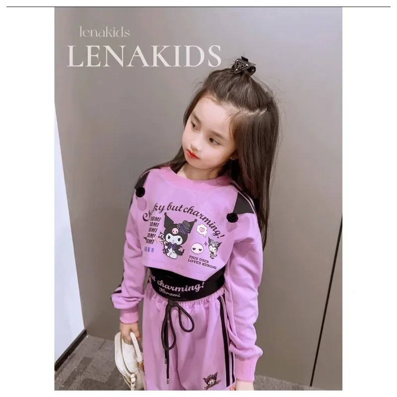 

Комплект спортивной одежды Sanrios My Melody Cinnamoroll Kuromi для девочек с мультяшным принтом JK, милый топ с коротким рукавом и повседневные штаны, подарок для детей