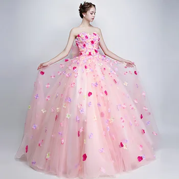 Pink Flower Sea Wedding Sleeveless Evening Dress 2026 New Bridal Strap Dress Long Style Host Strapless Puff Dress Female Party