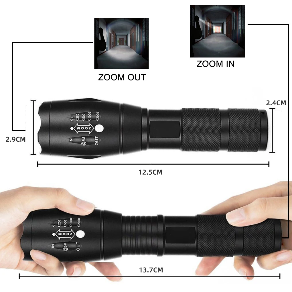 High Power Led Flashlights Camping Torch 5 Lighting Modes Aluminum Alloy Zoomable Light Waterproof Use 3 AAA Batteries