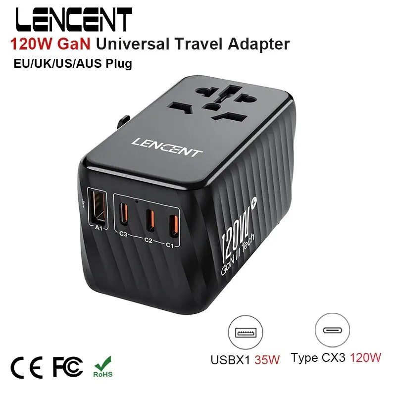 Międzynarodowy adapter podróżny GaN LENCENT 120 W Szybka ładowarka z 1 portem USB i 3 zasilaczami typu C do podróży