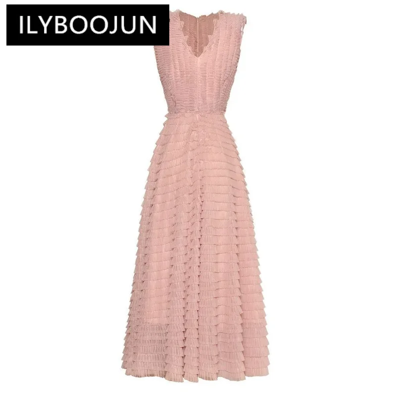 

ILYBOOJUN Summer Fashion Runway High Quality Women Dress V Neck Mesh High Waist Ruched Sleeveless Princess Style Maxi Dress