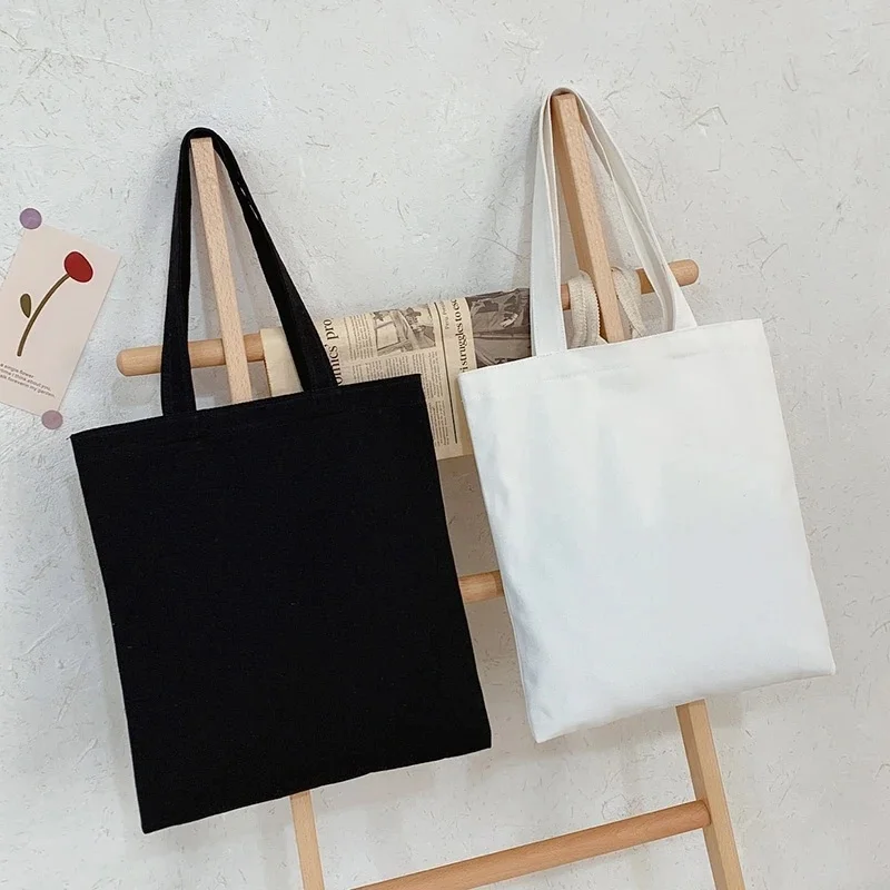 

5 pcs Large Capacity Canvas Shopping Bags Folding Eco-Friendly Cotton Tote Bags DIY Shoulder Bag Grocery Handbag black White