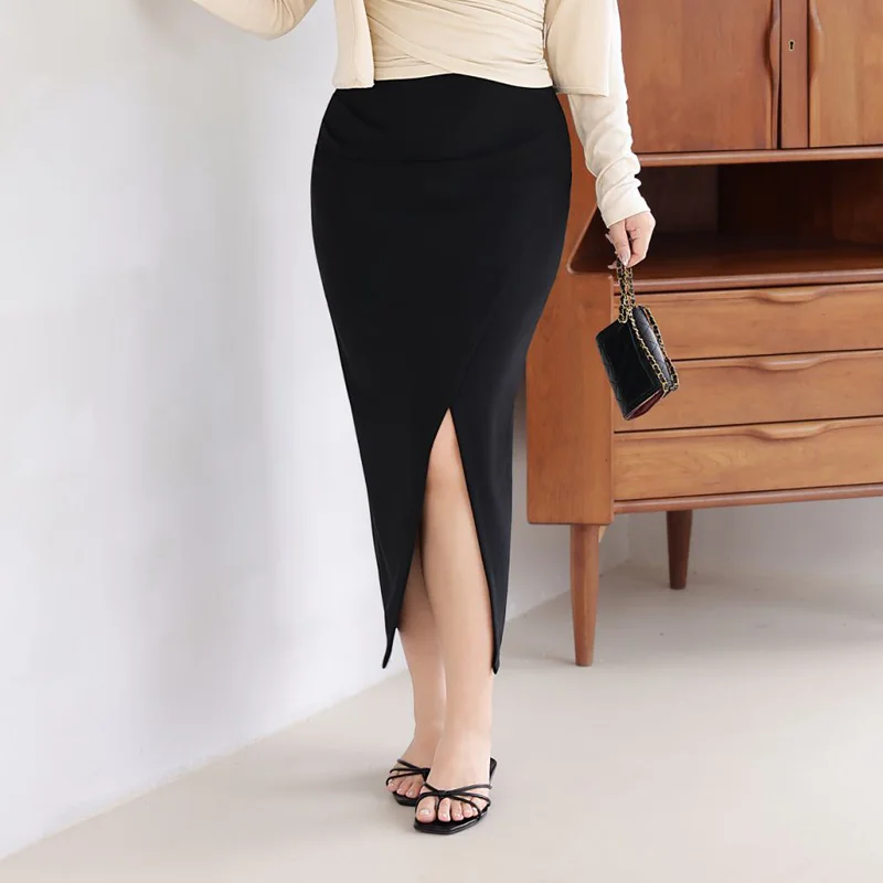 Premium Slit Pleated Stretch Slim Skirt Plus Size Women French Sexy Hot Girl Style body-hugging Skirt 9246