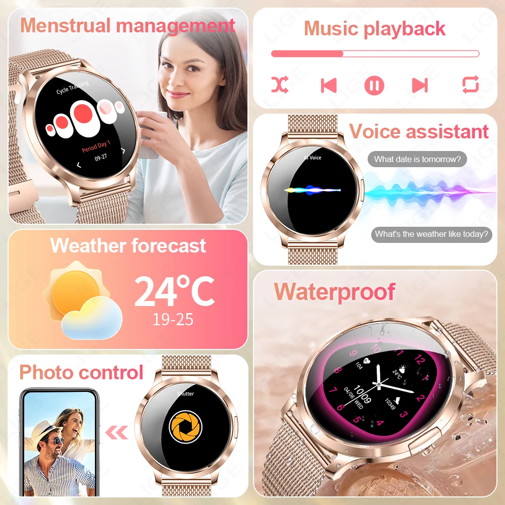 Smart Watch AMOLED 1.32 inch Women Watches Heart Rate Sleep Monitor Sports Fitness Bracelet Ladies Smartwatch For Android IOS