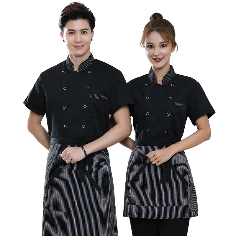 

Unisex Chef Uniform Kitchen Breathable Double Breasted Chef Jacket Bakery Catering Work Cook Short Sleeve Shirt Apron Pirate Hat