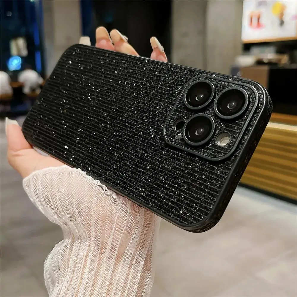 Luxury Hight End Black Bling Glitter Noble Case For iPhone 15 14 13 12 Pro Max 11 Lens Film Protection Soft TPU Shockproof Cover