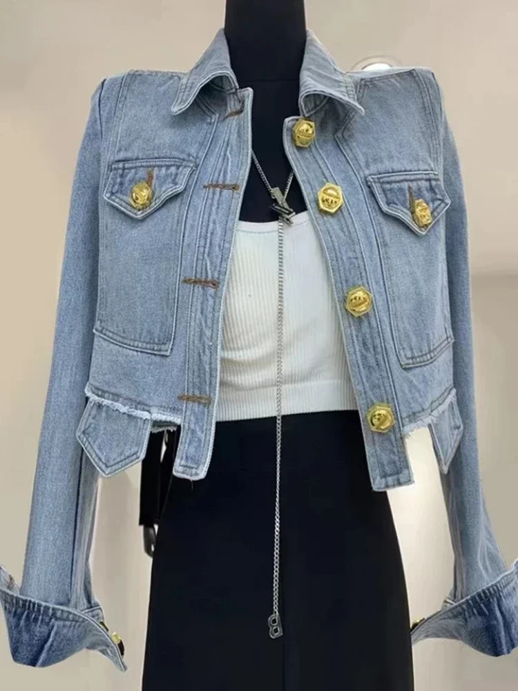 Gold Buttons Vintage Long Sleeve Denim Jacket Women Clothes Short Blue Jean Jacket Coat Streetwear Outerwear Korean Chic New