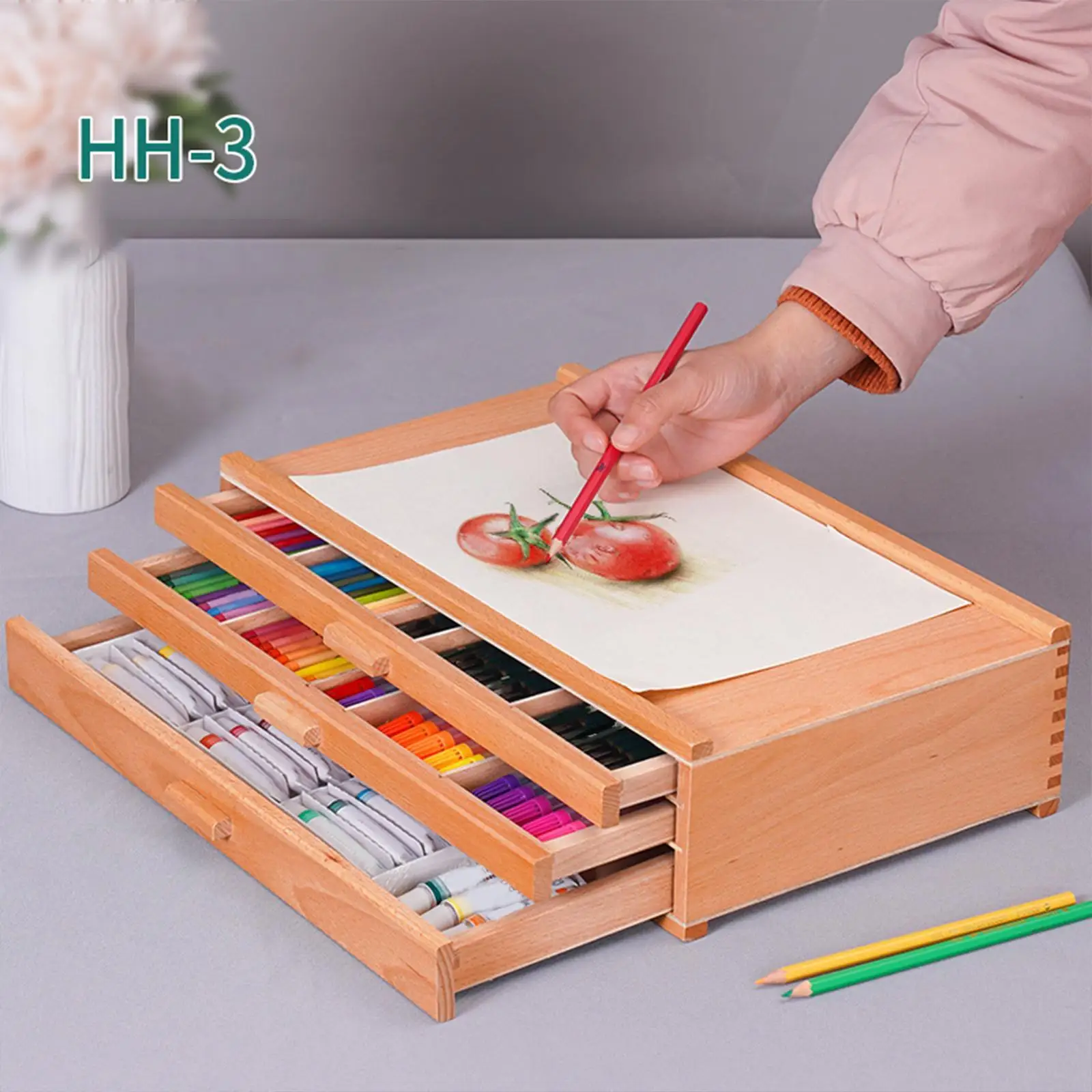 Wood Art Supply Organizer Crayon Paint Holder Box Sketch Pencil Case for Artist Brushes Pastel Pencils Markers Watercolor Pens