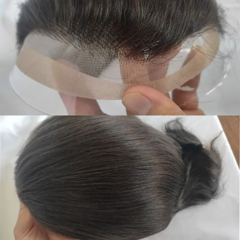 Toupee 남성용 인모 교체 시스템, 모노 얇은 피부 Pu 및 프렌치 레이스 프론트 헤어 피스, 남성용 가발 4 라이트 브라운