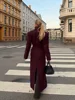 Elegant Wine Red Waist Up Wool Blend Long Jacket Women Chic Lapel Collar Single Breast Overcoat 2025 Autumn Lady High Streetwear 5