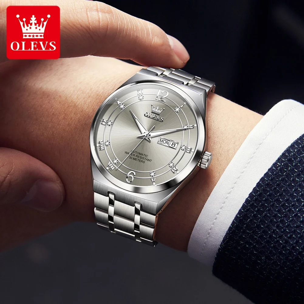 OLEVS 7068 Automatic Watch For Men Dual Calendar Business Mechanical Wristwatch Stainless Steel Waterproof Fashion Man Watches