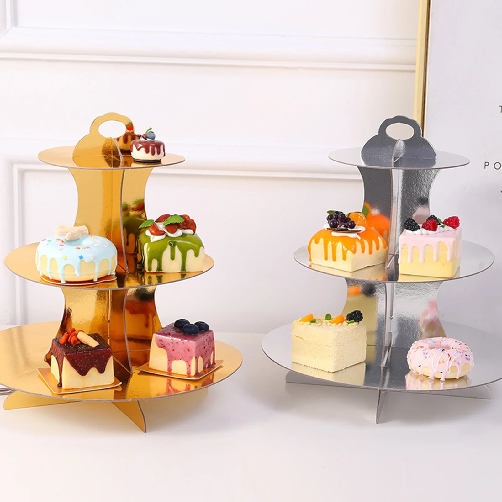 

Dessert Plate Tray Useful Handle Design Solid Color Birthday Cake Display Rack Dessert Plate Tray Household Supplies