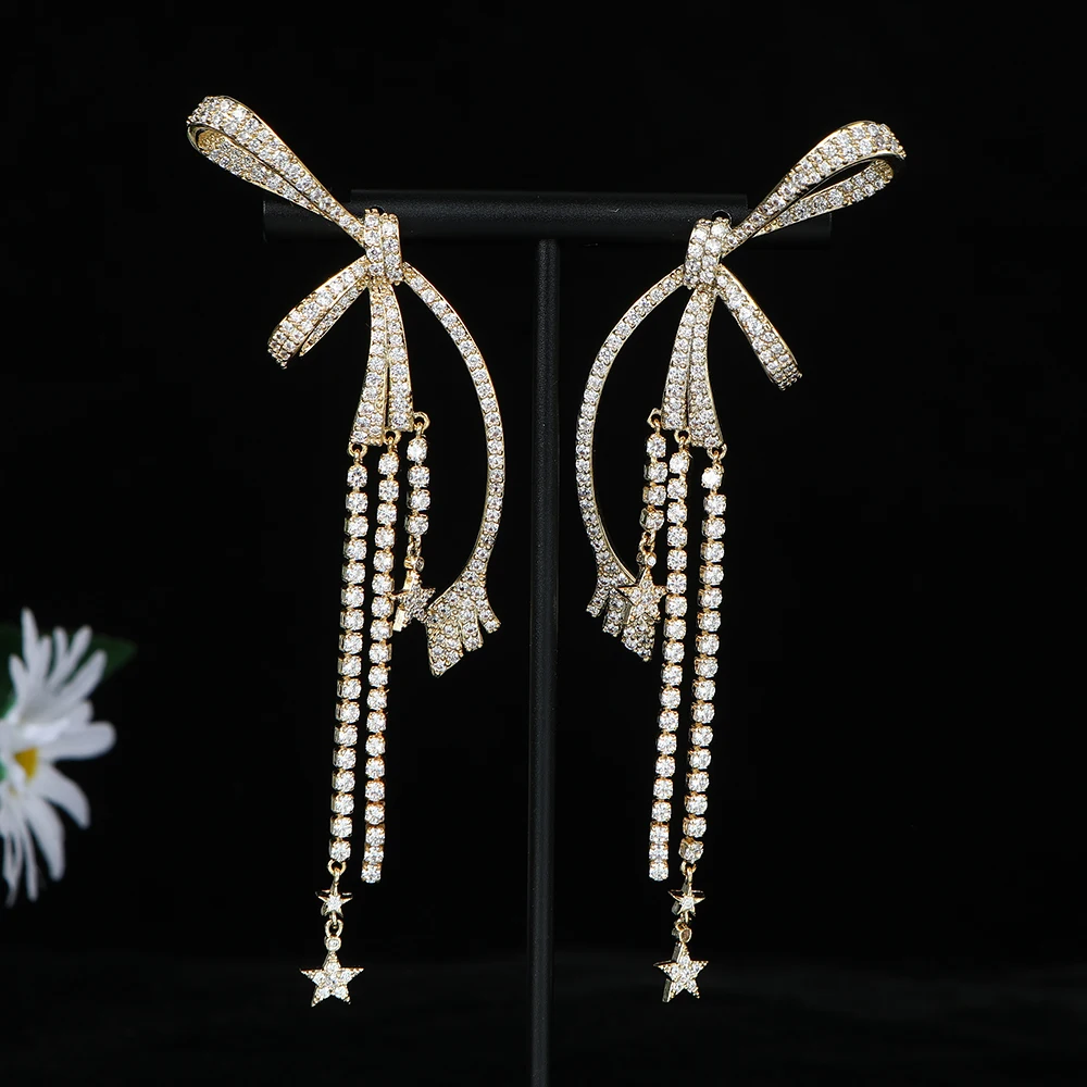 

Роскошные модные изысканные круглые серьги-подвески с бантом и кисточкой в форме звезды для женщин Свадебные ювелирные изделия из Дубая с полным кубическим цирконием A0249