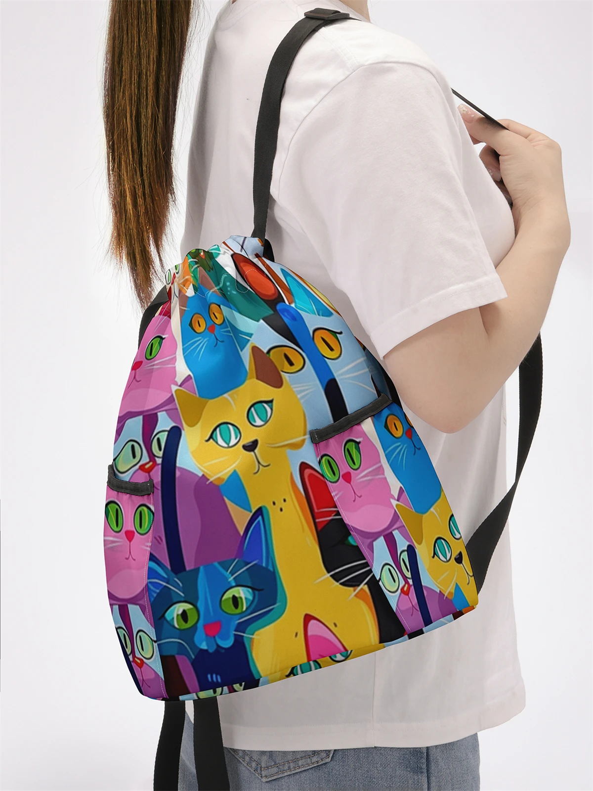 Cute Cat Pattern Printed Drawstring Backpack - Large Capacity Durable Fitness Bag, Sports Beach Backpack