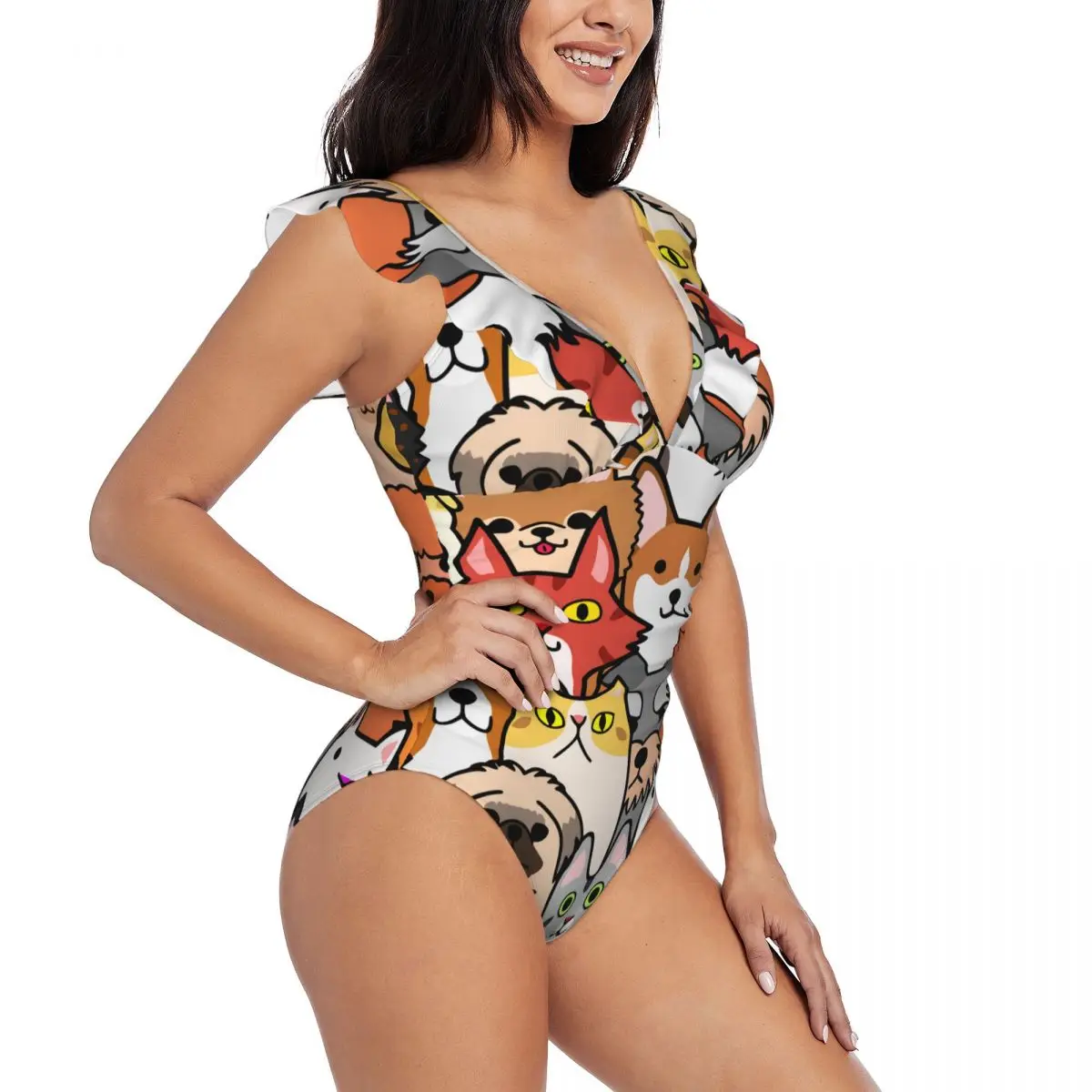 

Ruffle 2023 Women Sexy One Pieces Swimsuit Swimwear Female Doodle Dogs And Cats Faces Monokini Bathing Suit Beachwear