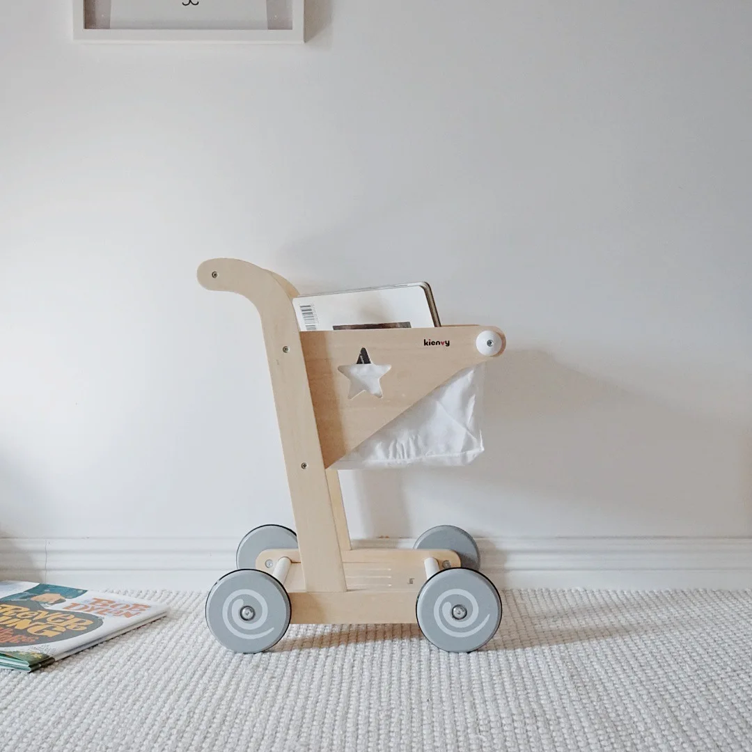 Wooden Children's Shopping Cart Toys for Boys and Girls Simulation Supermarket Trolley Homewalker Toys Set 4
