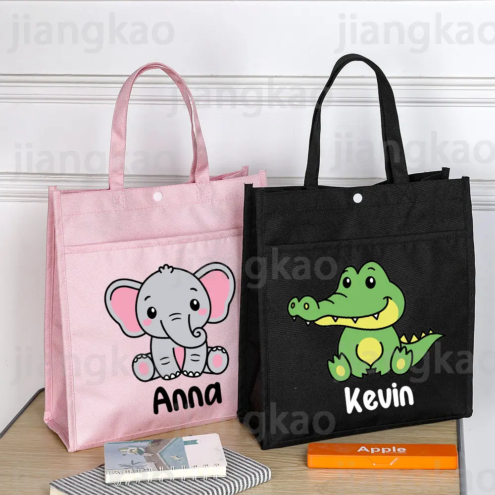 Personalized Kids Library Tote Bags Homeschool Cute Animal with Name Reading Books Bag Children School Bag Kids Birthday Gifts