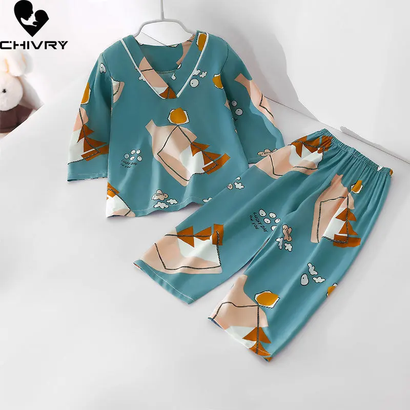 New 2023 Kids Boys Girls Summer Thin Pajamas Sets Cartoon Long Sleeve V-Neck Cute T-Shirt Tops with Pants Baby Pyjamas Homewear