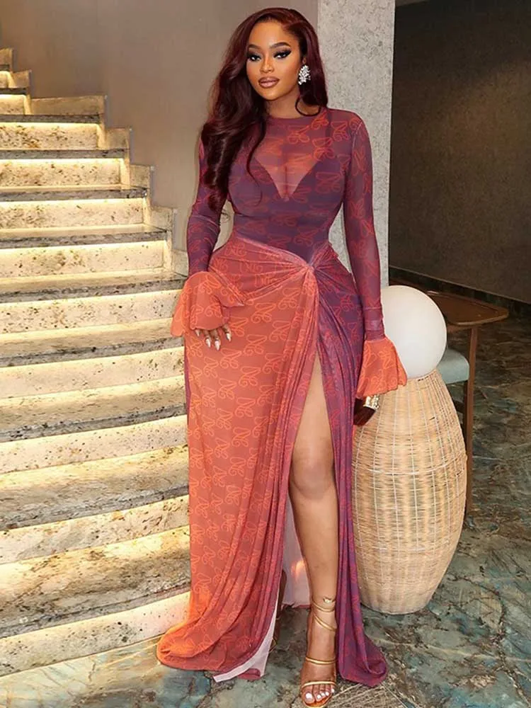 Woman Autumn Long Sleeve Slit Dress Mesh Transparent High Waist Slutty  Dress A Line Slimming Elegant Sexy Christmas Red Dress - AliExpress  200000345