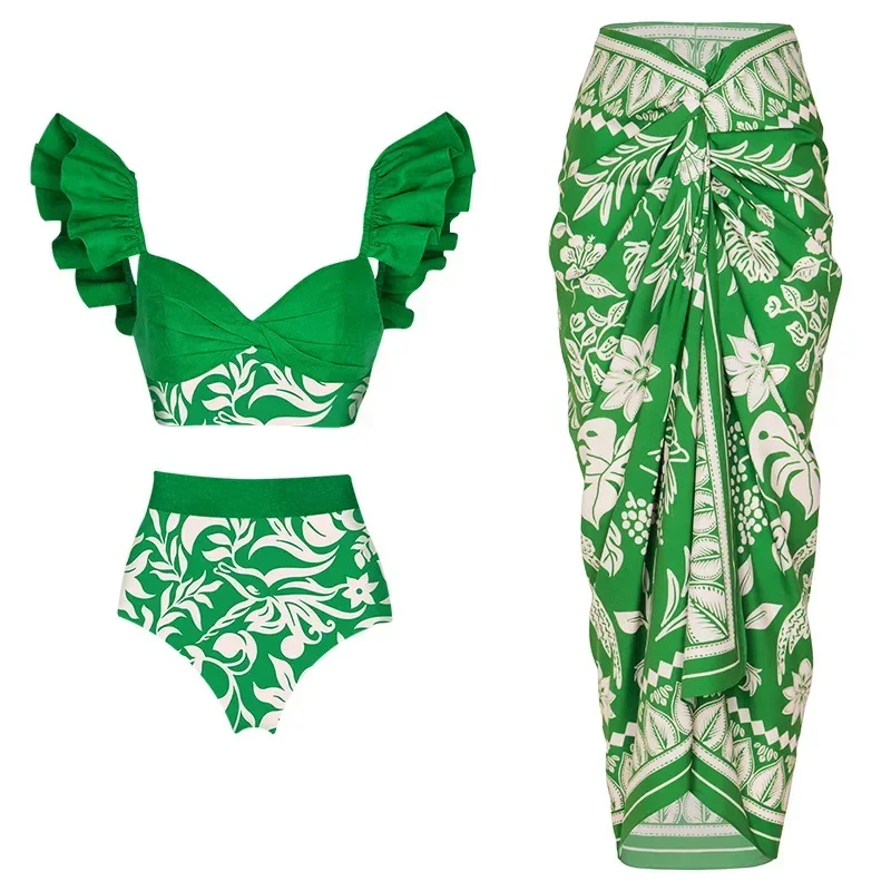 Printed Bikini Set With Cover Up V-Neck Shoulder Ruffled Swimwear High Waist Biquini Sexy Swimsuit Women 2024 Bathsuit Beachwear