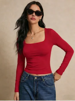 Women's long-sleeved shirt exposed top autumn fashion solid color square collar basic T-shirt Y2k clothing 1