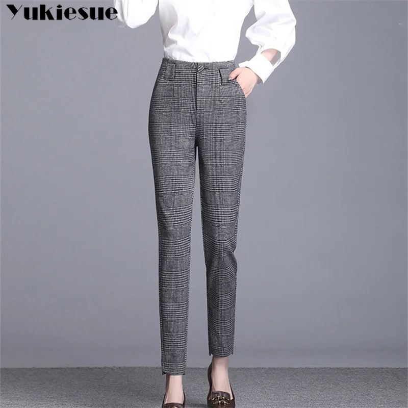 

Trouser Suit Office Lady Work Wear Formal Pants Women Fall Slim Elastic Waist Pockets Casual Straight Pencil Cropped Pants Black