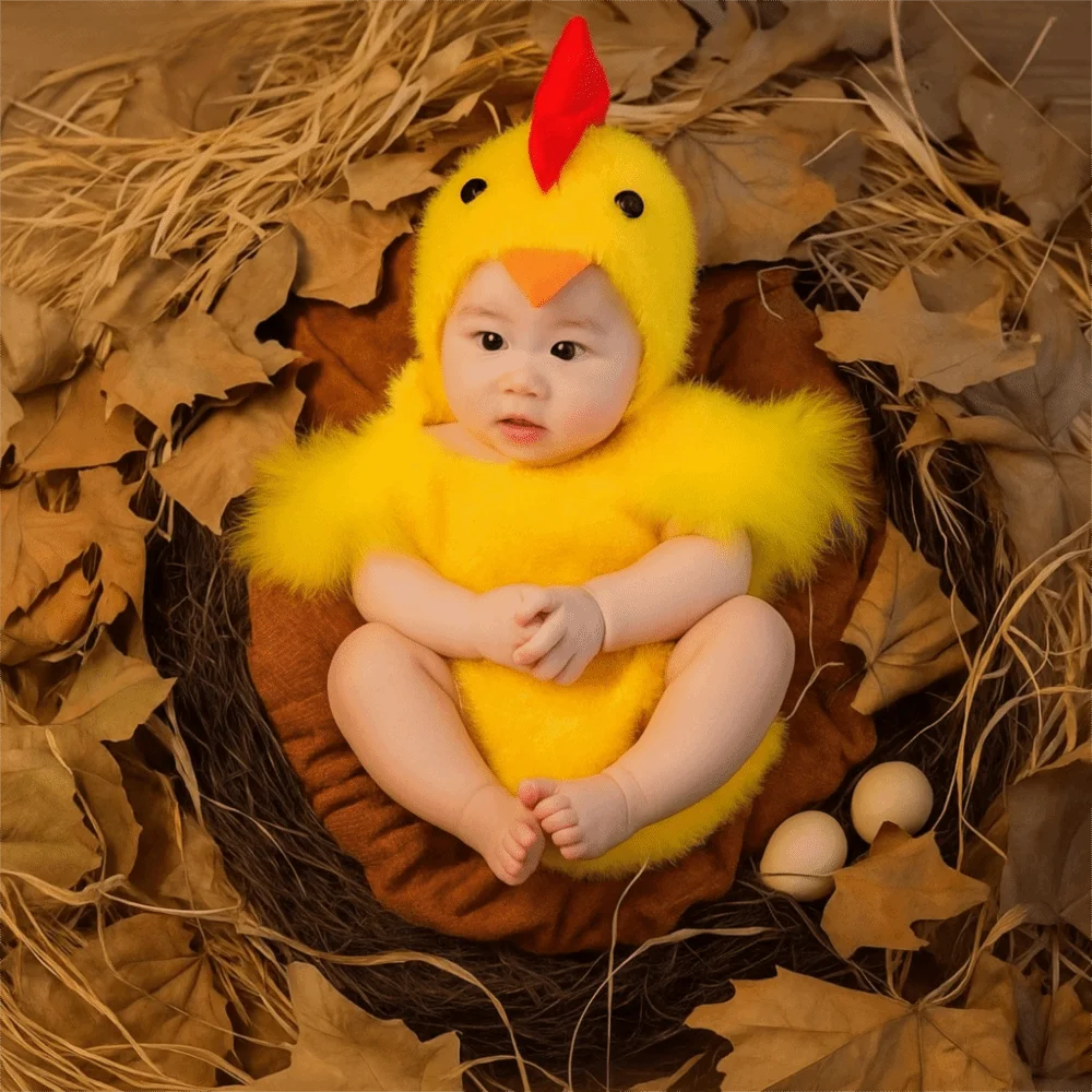 Creative Chicken Baby Photography Suit Bodysuit Hat Set Cute Design Infant Studioshoot Outfits Unisex Animals Furry Romper