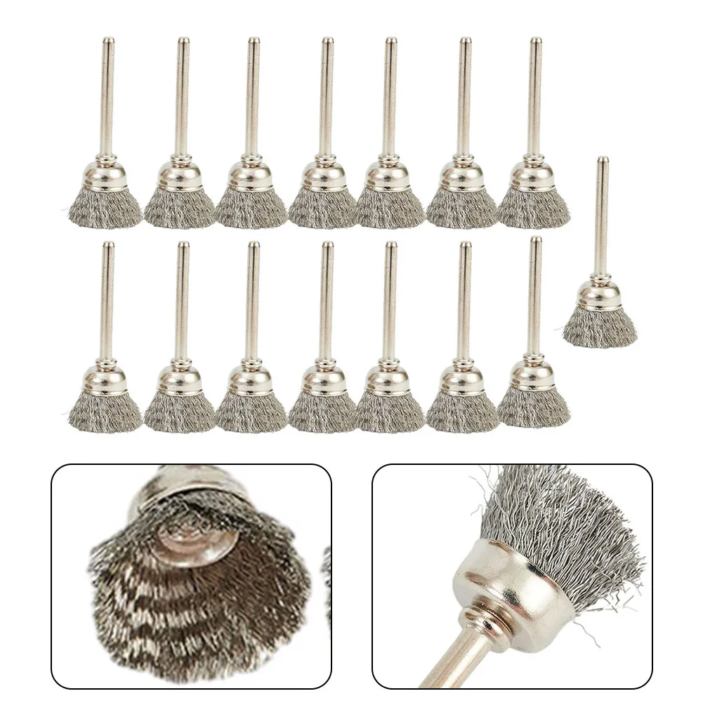 15pcs 15mm Stainless Steel Wire Cup Wheel Brushes Polishing Brush For Derusting Chip Slag Removing Wire Brush Rotary Tools relife rl 044 58pcs android cpu series chip planting tin steel stencil set android cpu tinned for android kirin qualcomm