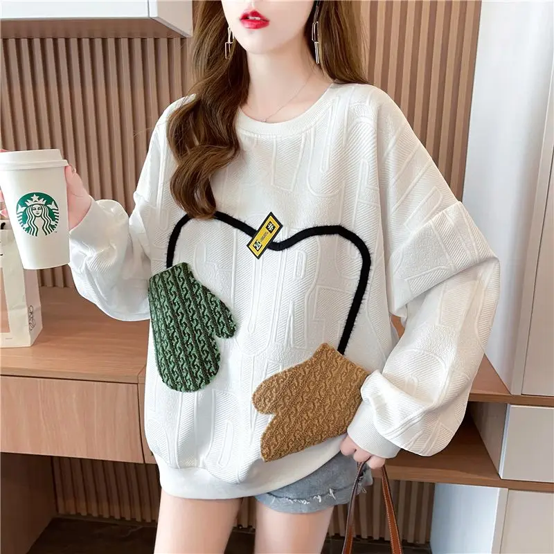 Fashion Korean Pockets Spliced Women's Sweatshirts Thick All-match Long Sleeve Loose O-Neck Tops Autumn Winter Female Clothing