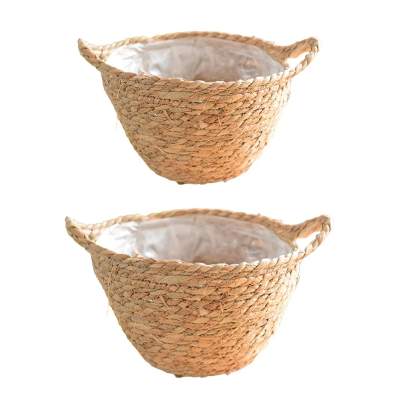 

Natural Plant Pots Containers Hand Woven Plant Pot Cover with Leak-Proof Plastic Lining for Indoor Outdoor Garden