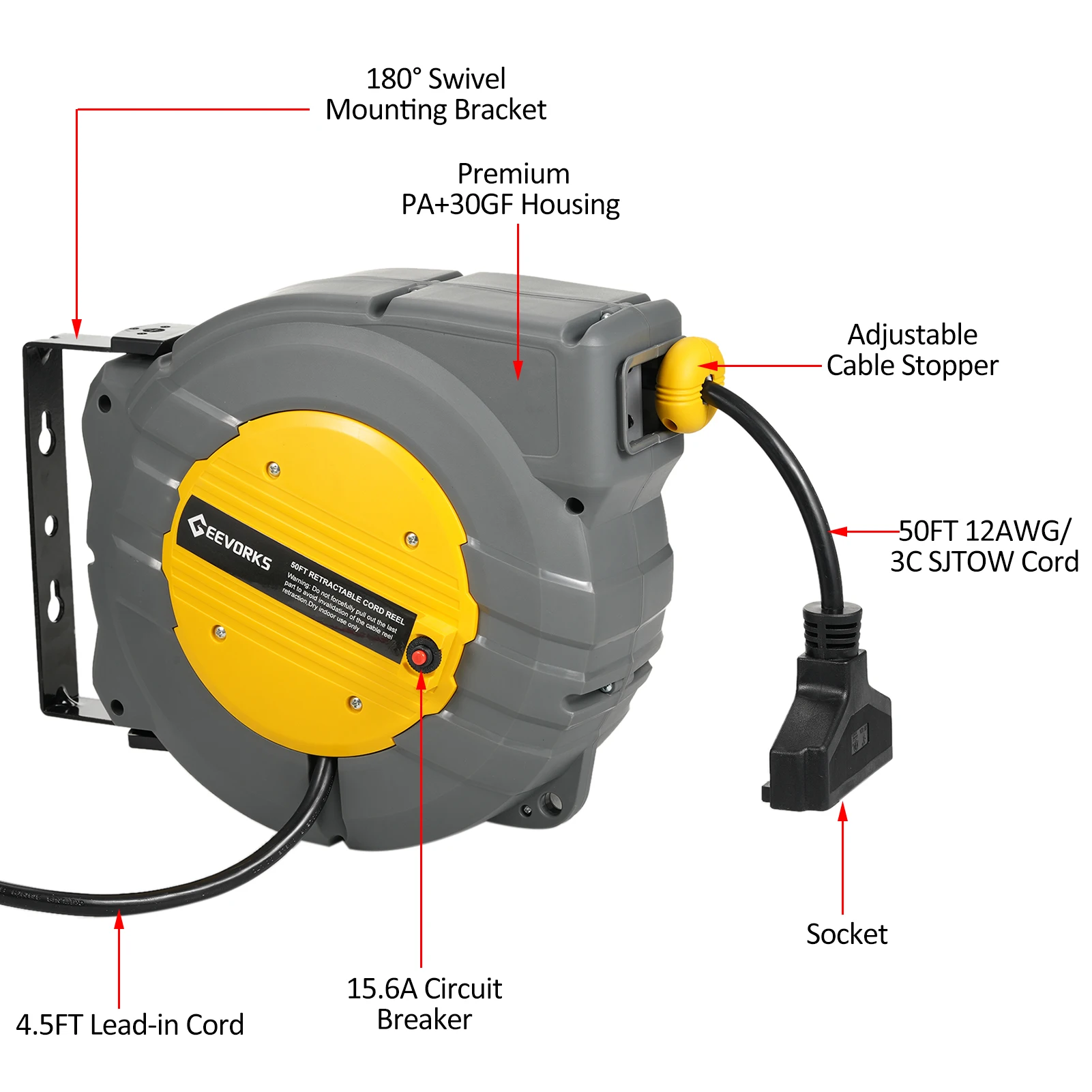 Retractable Extension Cord Reel 50FT+4.5 Heavy Duty 12AWG 15.6A 3C