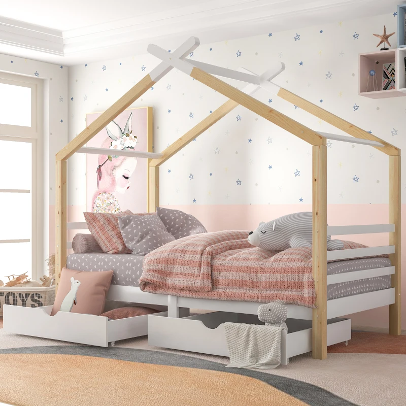 Cama infantil en color madera,cama infantil casita con cajones,madera  maciza con somier,cama casita de madera de pino,habitacion infantil y  juvenil,90x200 : : Bebé