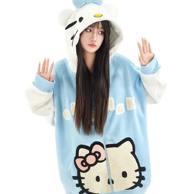 

Hello Kitty Sanrio Anime Coat Kawaii Cute bluey Winter Warm Thickned Peluches Plush Cardigan Casual Girl Friends Christmas Gift