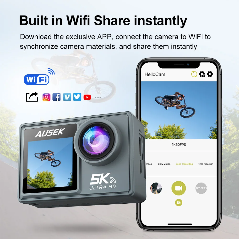5K Action Camera 4K60FPS Dual IPS Touch LCD EIS WiFi 170° 30M Waterproof 5X Zoom Professional Sports Camera With Remote Control 5