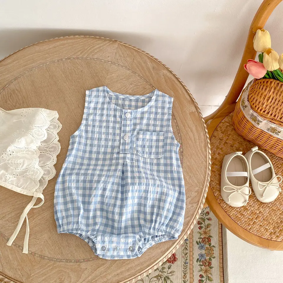 Baby Bubble Romper Boy Wholesale Kids Baby Boy Embroidery Plaid Romper Toddler One-piece Sleeveless I Love Daddy Newborn Coverall Bodysuit Jumpsuit Fishing Clothes